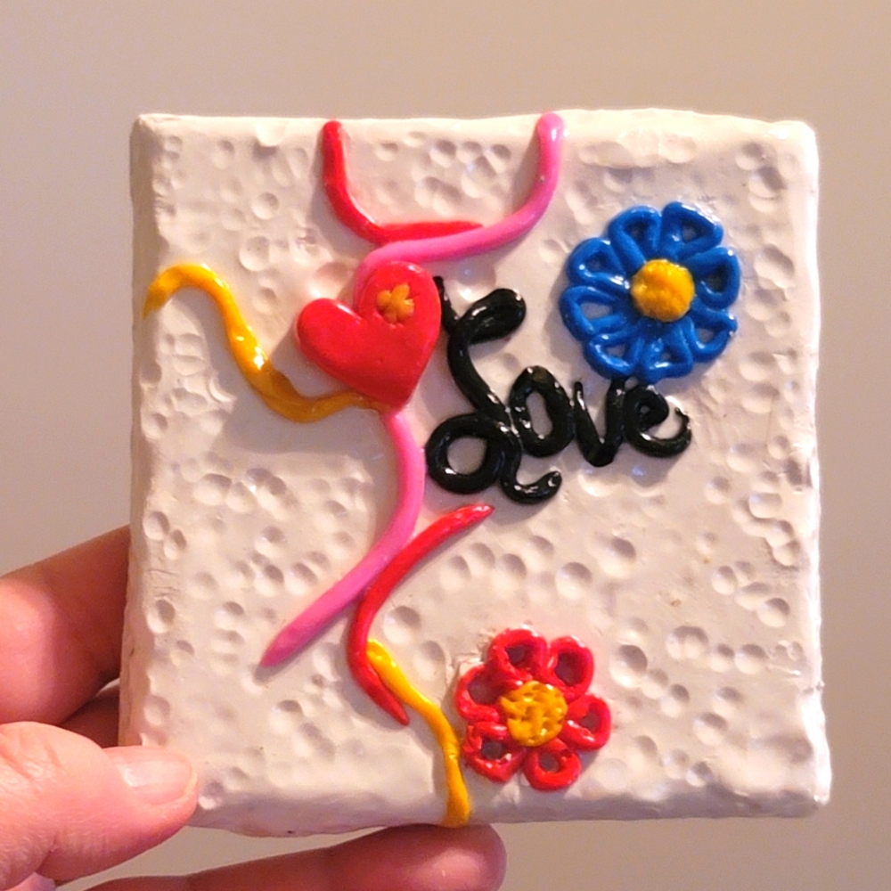 Art "Love" mixed media canvas & polymer clay